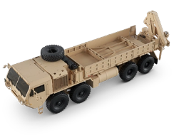 Tan Oshkosh Defense Heavy Expanded Mobility Tactical Truck (HEMTT) A4 Guided Missile Transporter