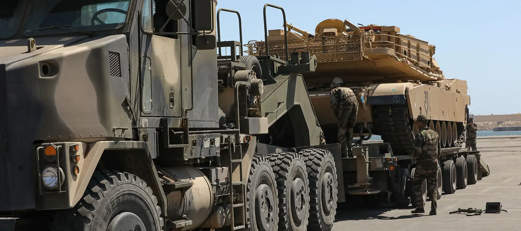 A Moroccan Royal Armed Forces HET carries a U.S. Army M1A3 Abrams Tank